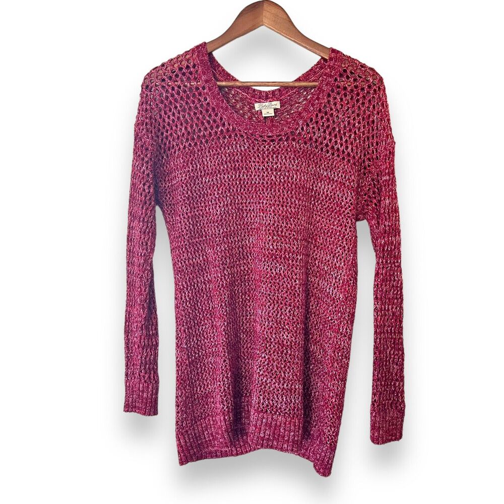 Lucky Brand Boho Crochet Open Knit Sweater M Rust Red Festival Coastal Cowgirl